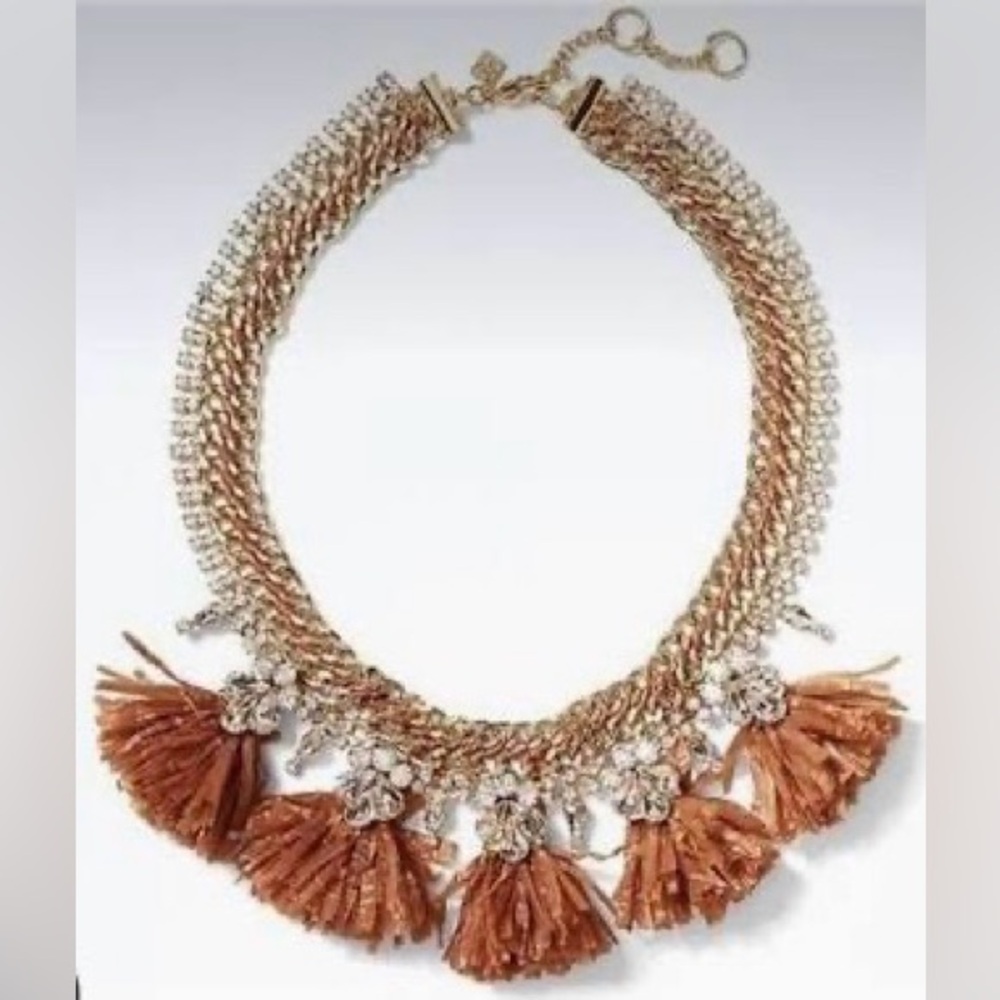 Banana Republic Gold Chain Necklace with Brown Tassels and Crystal Flowers